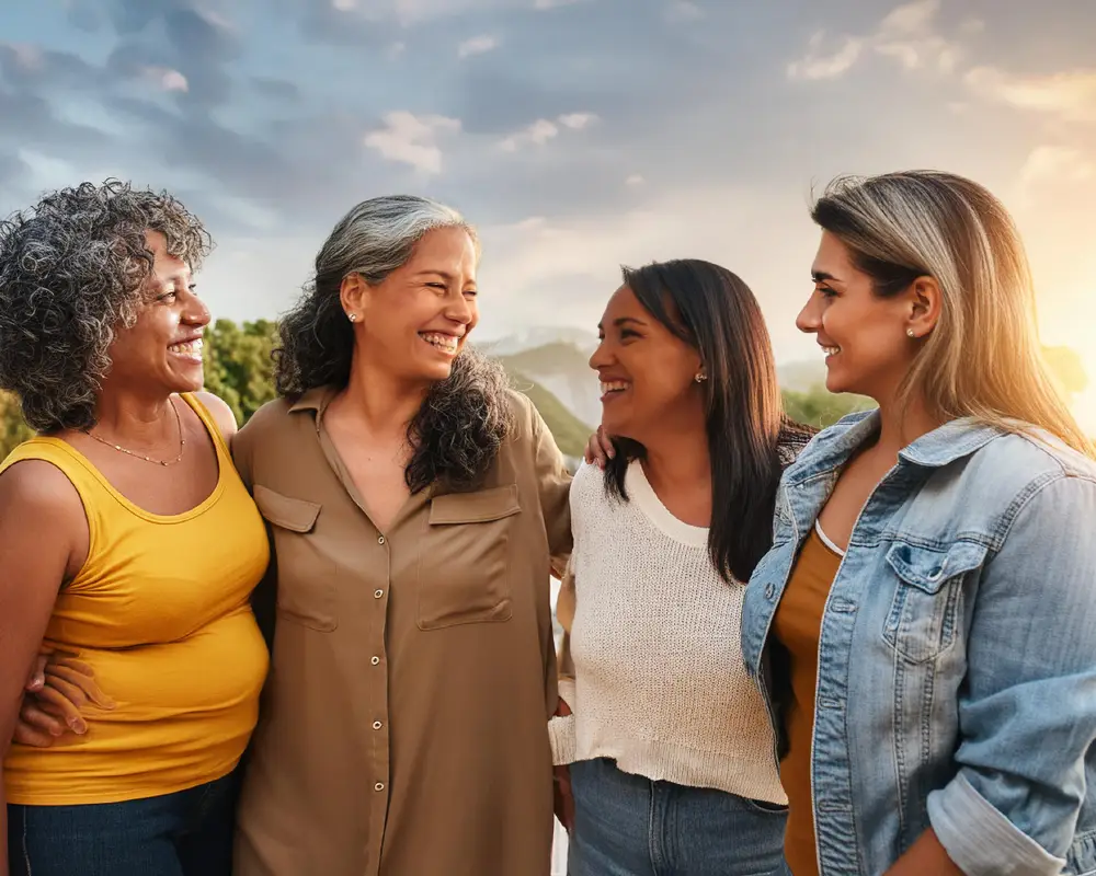 4 women of different ages standing close to each other smiling. Image by Adobe Photoshop generative AI.