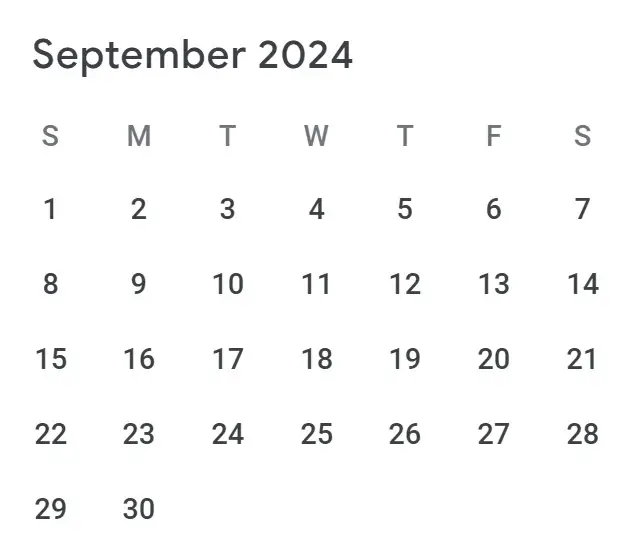 Image of a blank September 2024 calendar