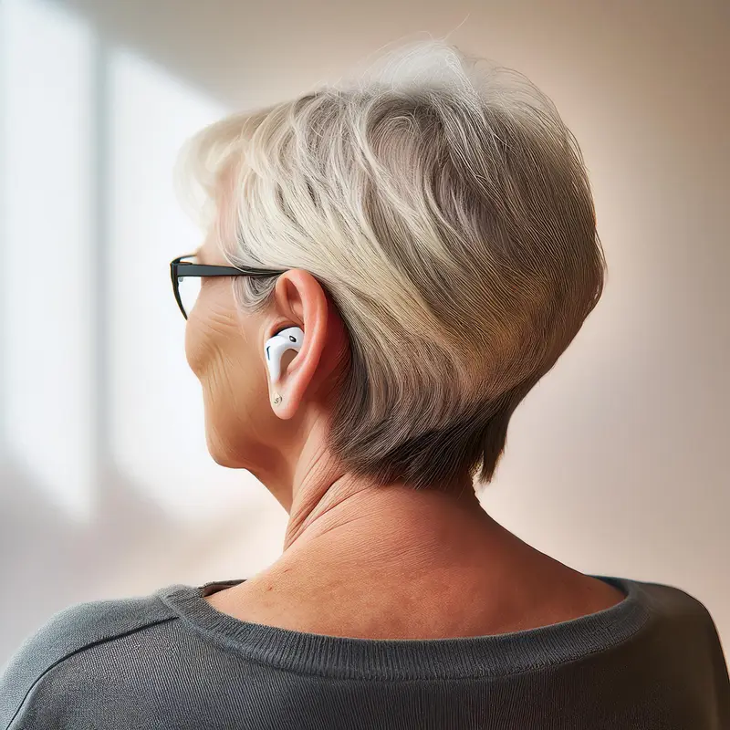 Image of an older woman from behind with a hearing aid in one ear. Image generated by Adobe Photoshop AI.