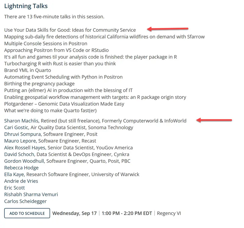 List of 13 five-minute lightning talks with mine at the top