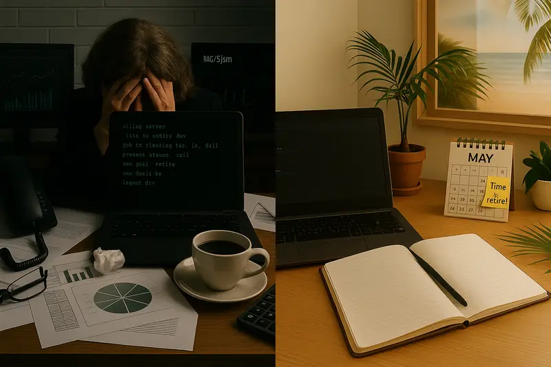 Illustration image by ChatGPT of busy person on left at a desk with head in hands; calm-looking desk on right showing calendar on May and a sticky note saying time to retire