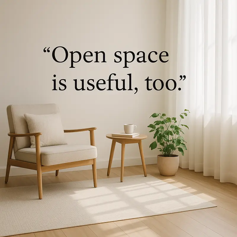 Image created by ChatGPT of a portion of a minimalist room with a chair, small table, plant with text &#039;Open space is useful too'