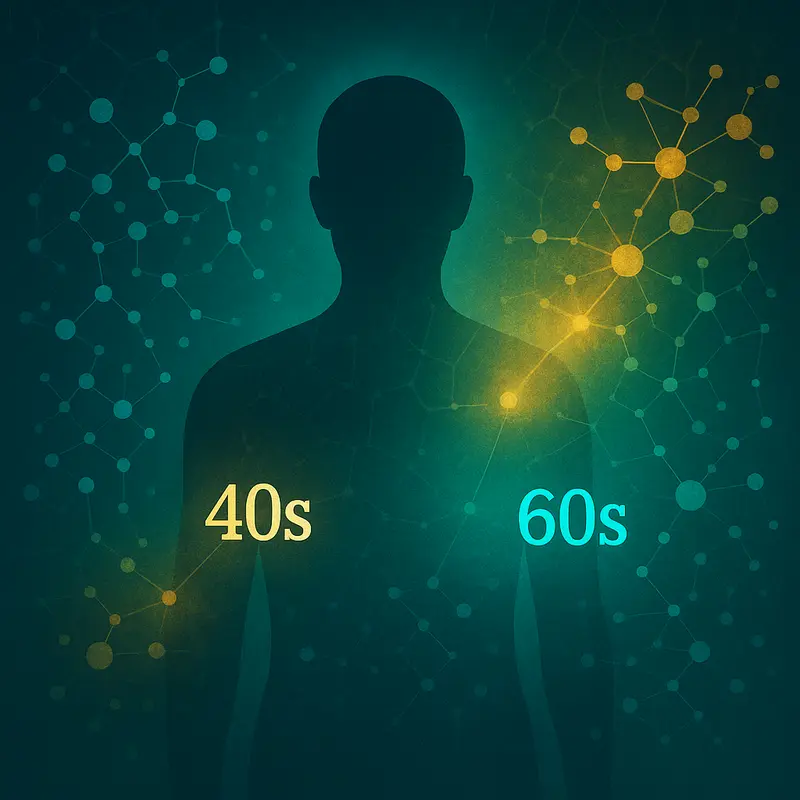 Illustration showing a human silhouette and 40s on left, 60s on right, with abstract patterns around. Image generated by ChatGPT.
