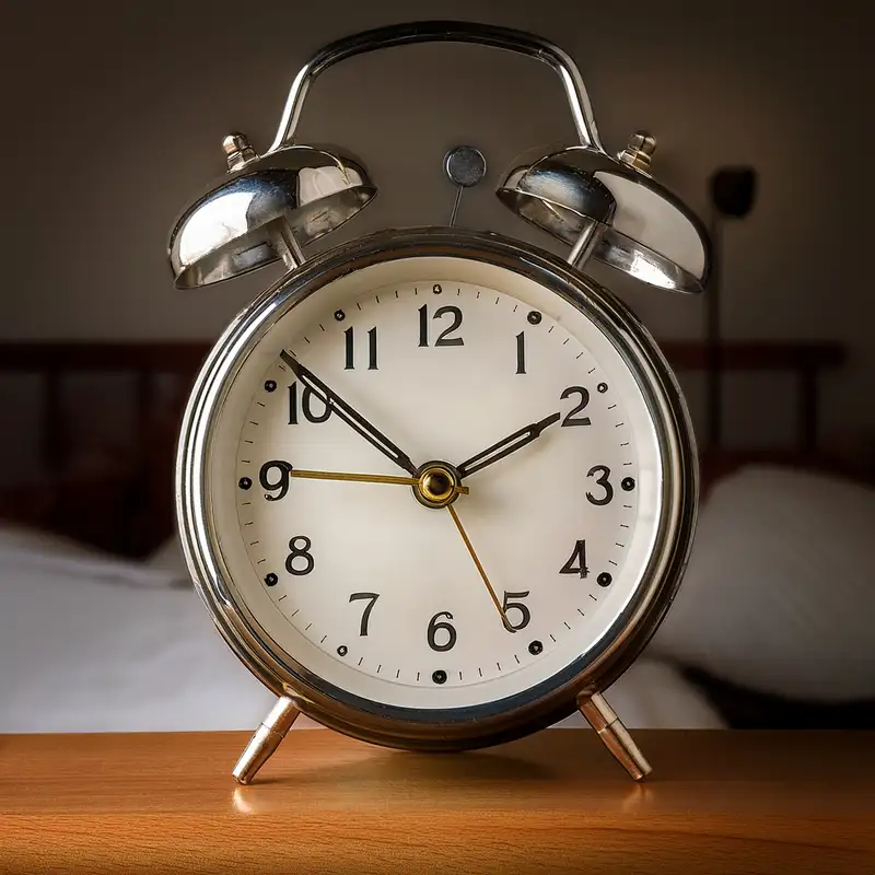 Round analog alarm clock on a table with 2 bells on the top. Image created by Photoshop generative AI