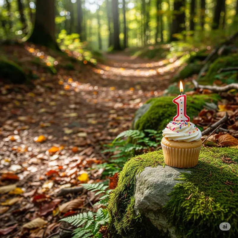 Cupcake with &#039;1' candle burning set in the woods next to a trail. Image generated by Google Imagen AI