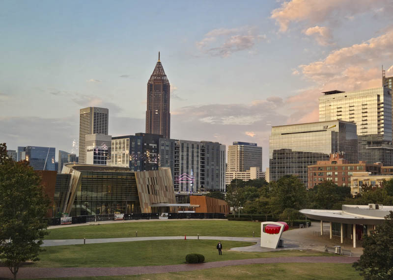View of Atlanta at dusk from the Atlanta Aquarium, &#039;World of Coca-Cola' at bottom right