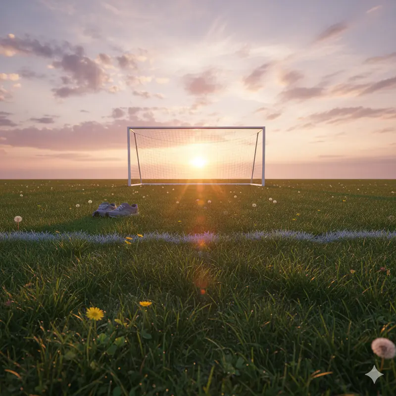 A soccer goal on a beach at sunset. Created by Google Gemini