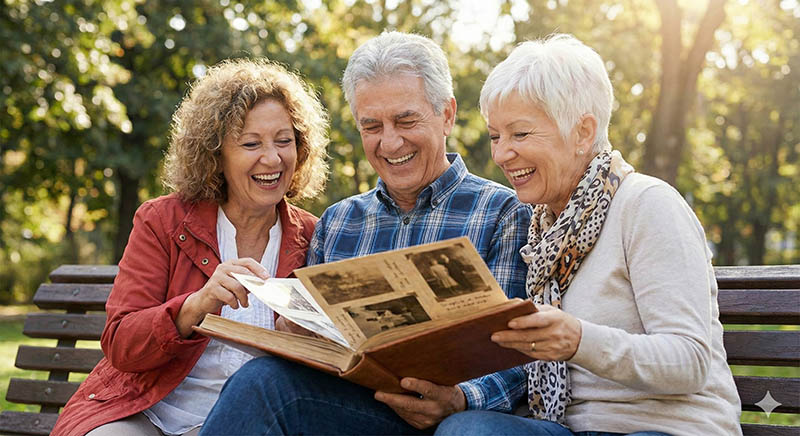 Three people on a park bench smiling and laughing as they look at images in what appears to be a photo book. Image generated by Gemini Nano Banana.