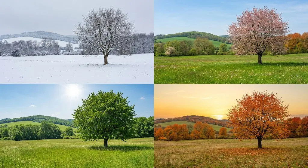 Collage of 4 photos of the same tree in different seasons