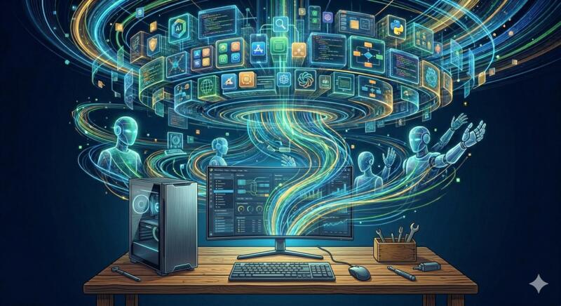 Abstract illustration of a desktop computer with glowing streams of data swirling into floating AI-themed screens and robotic figures above it. Created by Gemini AI
