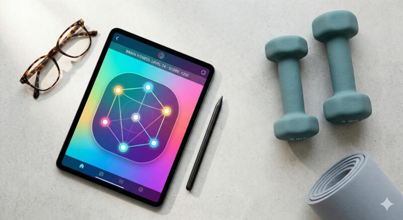 A tablet displaying a colorful brain-training game lies beside glasses, a stylus, two light blue dumbbells, and a rolled yoga mat. Image by Gemini AI