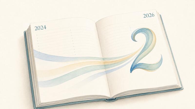 Watercolor illustration of an open journal labeled 2024 and 2026, with blue, green, and gold lines flowing across the pages to form a large number 2. Image by ChatGPT